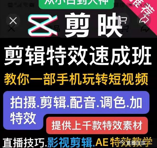 剪映剪辑特效速成班：教你一部手机玩转短视频，提供上千款特效素材-鹤行社项目库