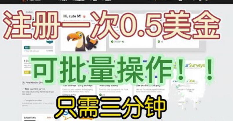 国外项目注册一次0.5美金，只需三分钟无脑操作，可批量同时放大操作，小白工作室福利【揭秘】-鹤行社项目库