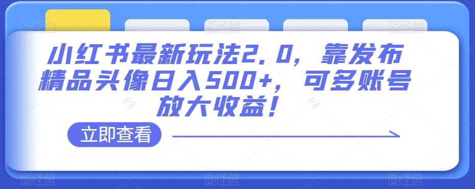 小红书最新玩法2.0，靠发布精品头像日入500+，可多账号放大收益！【揭秘】-鹤行社项目库