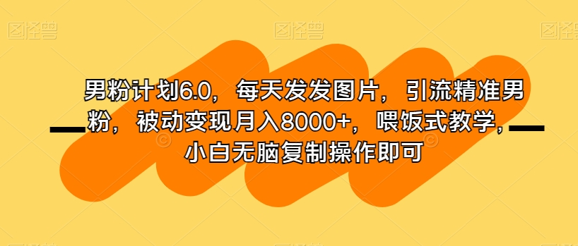 男粉计划6.0，每天发发图片，引流精准男粉，被动变现月入8000+，喂饭式教学，小白无脑复制操作即可-鹤行社项目库