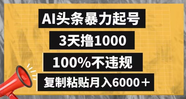 AI头条暴力起号，3天撸1000,100%不违规，复制粘贴月入6000＋【揭秘】-鹤行社项目库