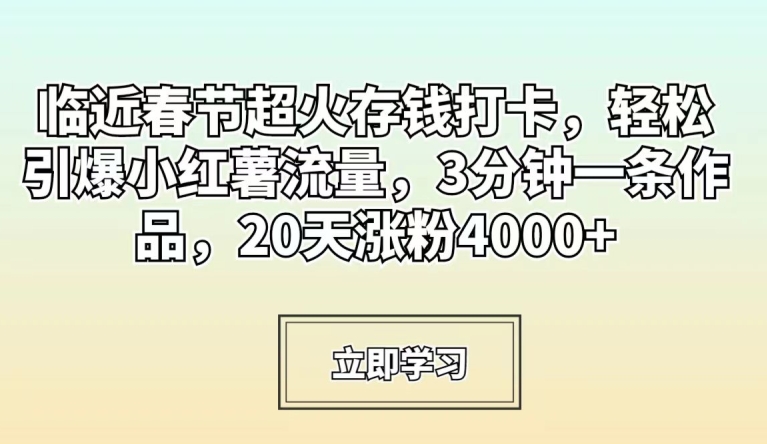 临近春节超火存钱打卡，轻松引爆小红薯流量，3分钟一条作品，20天涨粉4000+【揭秘】-鹤行社项目库